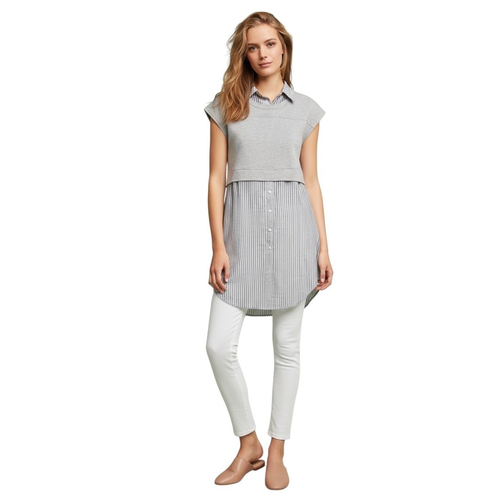 Doe & Rae Bennett Button-down Tunic Top Women's Size Large Gray Striped High-low